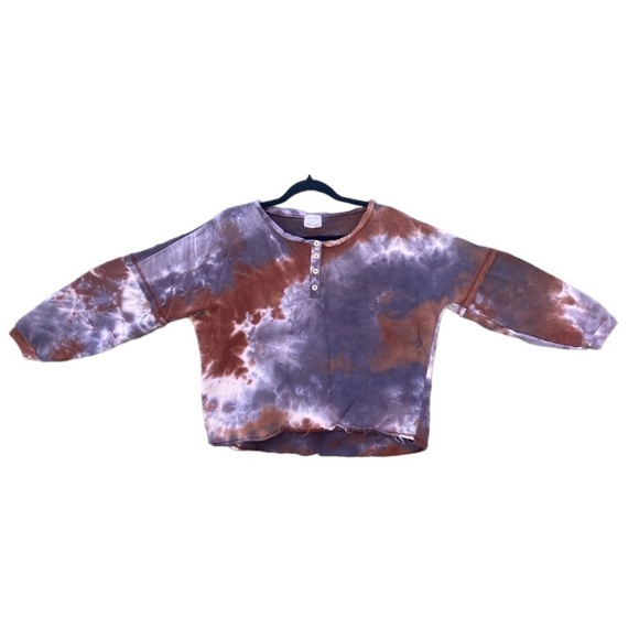 Amaryllis x Ashlee Nichols Brown Blue Tie Dye Henley Puff Sleeve Sweatshirt Sz S - Picture 1 of 9